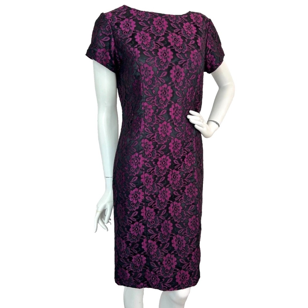 Vintage Lace Sheath Dress Size Medium Black Fuchsia Short Sleeve V-Back Crew EUC